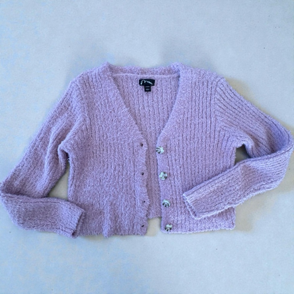 Art Class Lilac Fuzzy Cropped Button-Up Cardigan Girls Size Large 10/12